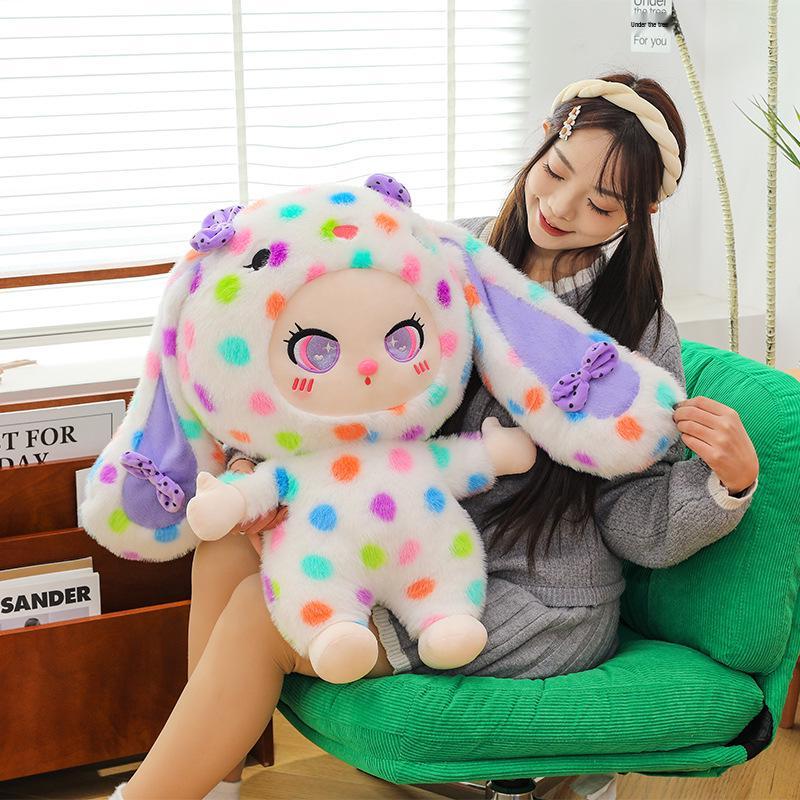 

Lila Polka Dot Cat Plush Toy: Standing & Droopy Ear Design, 3-Year-Old Gift, Large Stuffed Animal Pillow Doll for Girls. 30cm (0.3kg)