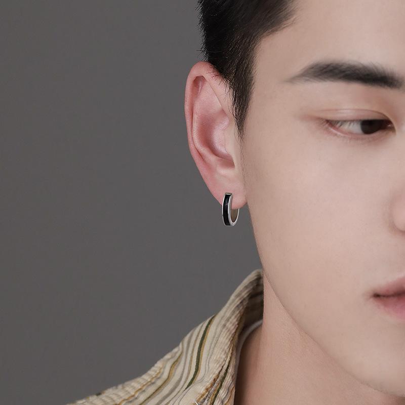 Męskie Czarne Srebrne Minimalistyczne Kolczyki Koła - Modne Europejskie i Amerykańskie Sztyfty Cyrkularne