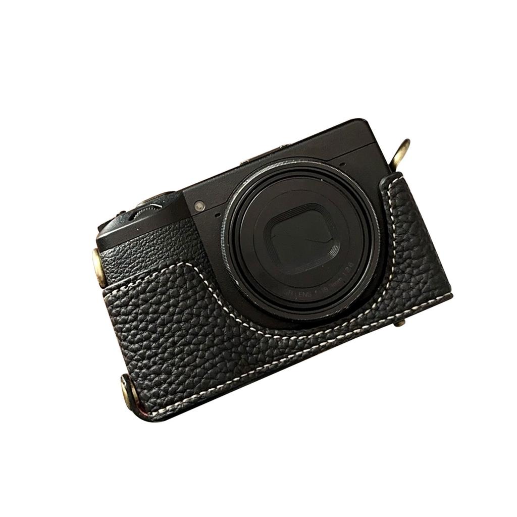 Vintage PU Leather Camera Bag Half Body Protective Cover with Strap for GR IIIx GR III GRIII GR3 Enhanced Grip Soft Lining 1Celsius4 Inch Thread Hole