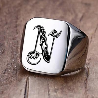 Retro Initials pečetní prsten pro muže 18mm objemné těžké razítko mužský pásek dopisy z nerezové oceli dárek pro něj na zakázku