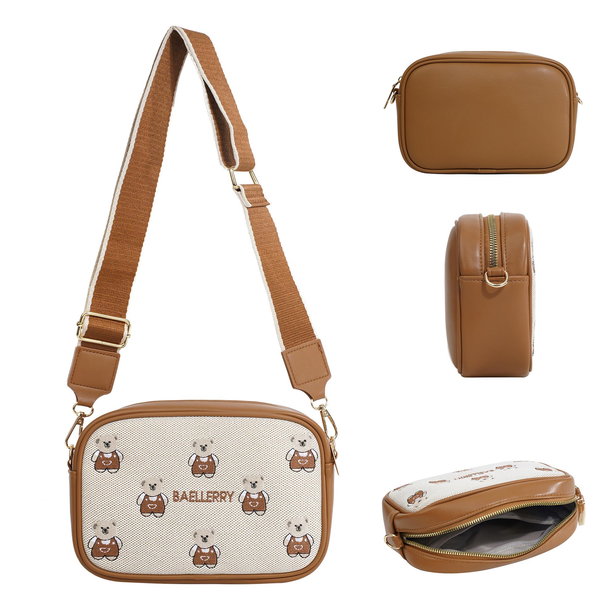 Bear embroidery women s shoulder bag bag messenger bag women s large-capacity hot-selling women s bag fashion pu Korean niche one size