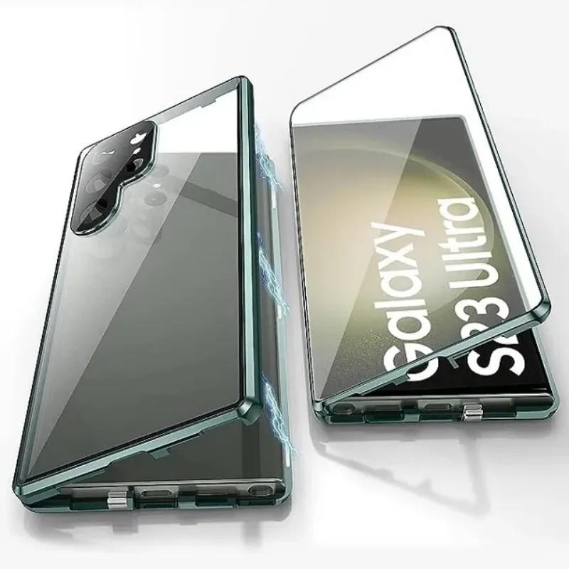 360 kovový rám, oboustranné skleněné, magnetické pouzdro Snap Lock pro Samsung Galaxy S24 S23 FE S22 Ultra S21 Plus Plná ochrana objektivu