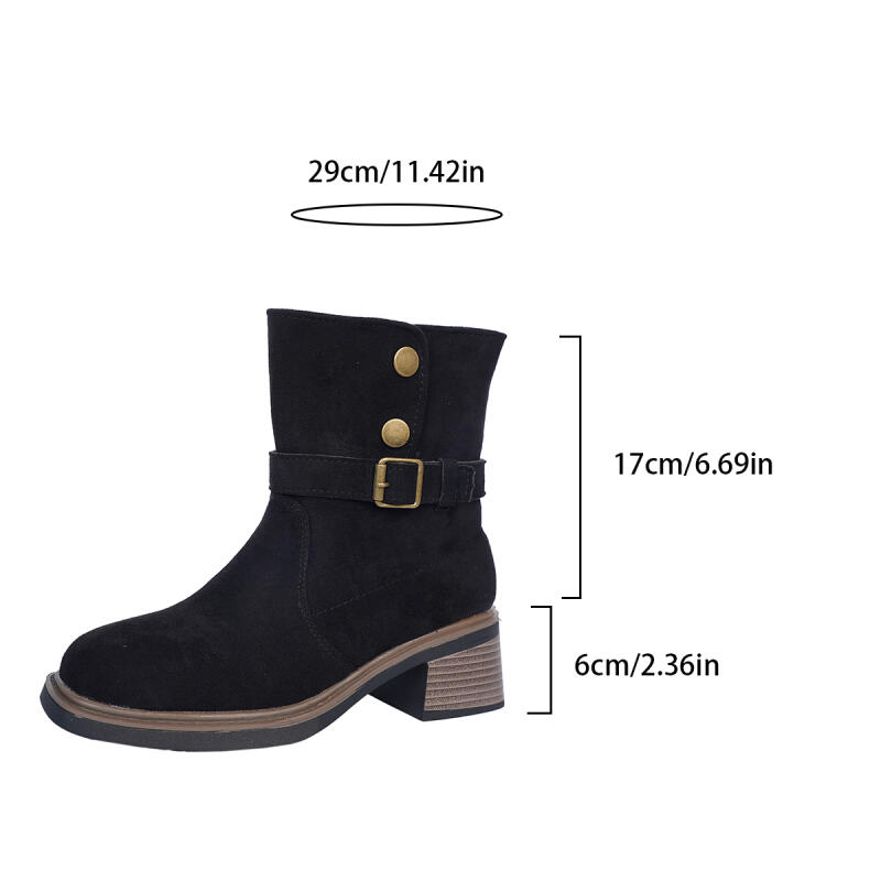 Vintage Square Toe Black Suede Ankle Boots Women Winter Metal Buckle Thick Heel Western Cowboy Boots Woman's Short Booties