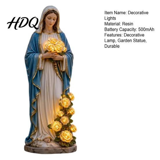 Decoración Religiosa para Exteriores Estatua de Luz de Jardín de la Santísima Madre con Flor Lámpara USB Adorno Resistente a la Intemperie Rosa Brillante Decorativa para Cristianos