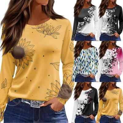 Women's Fashion Casual Slit Hem Round Neck Long Sleeve Loose Printed T-Shirt Ladies Top