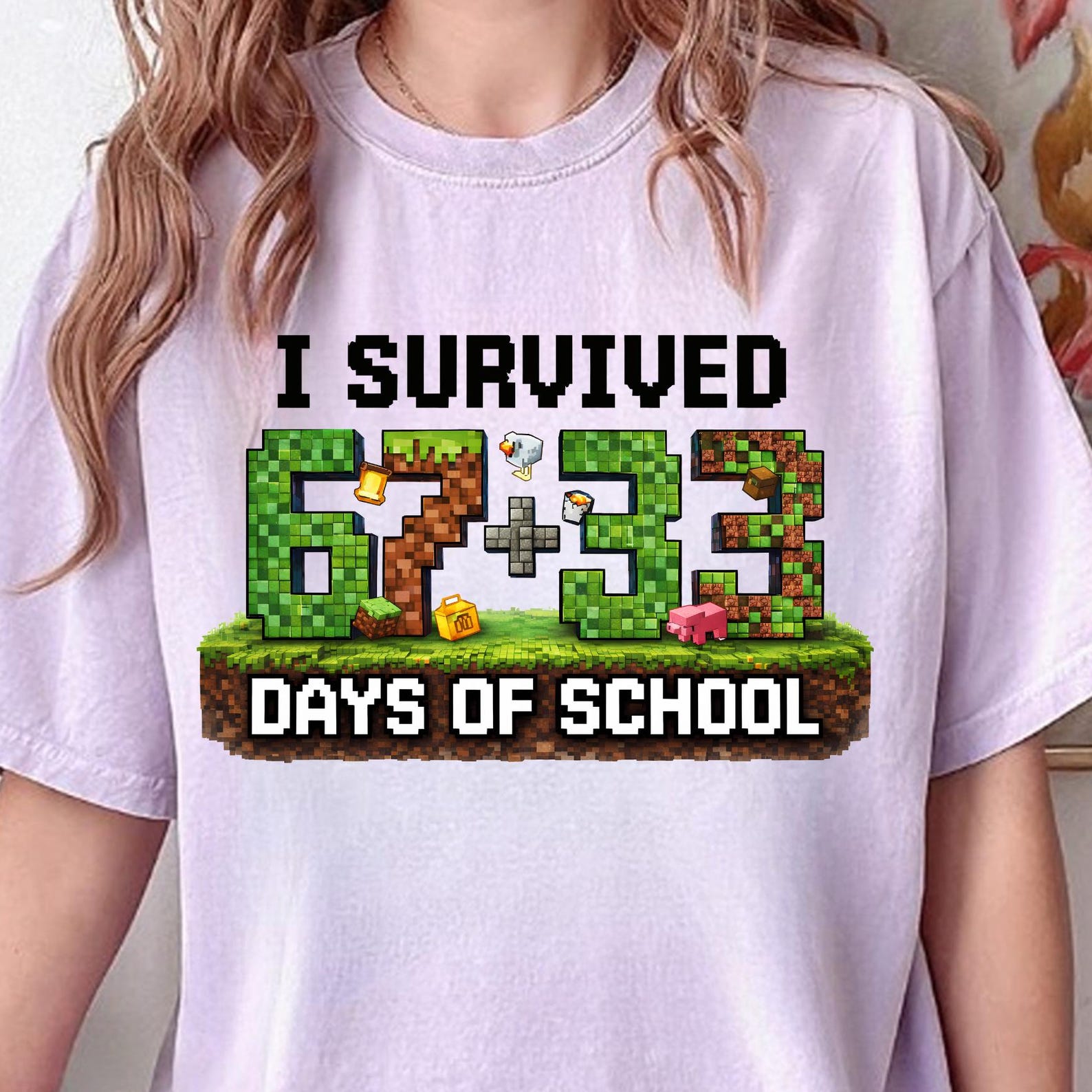 I Survived 67+33 Days of School Shirt, Pixel Block 100 Days Of School Shirt, Pixel Gamer Characters, 100th Day of School Shirt 4XL