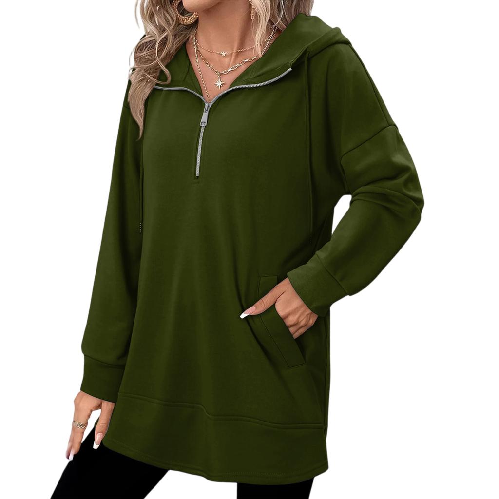 Women's Fashionable Solid Color Hooded Long Sleeved Pocket Pullover Sweatshirt Top