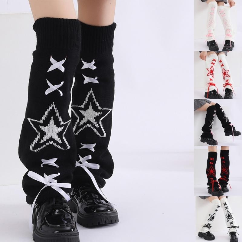 Women's Punk Star Pattern Knitted Leg Warmers with Ribbon Bows Flared Boot Covers Knee Length Socks Japanese Streetwear