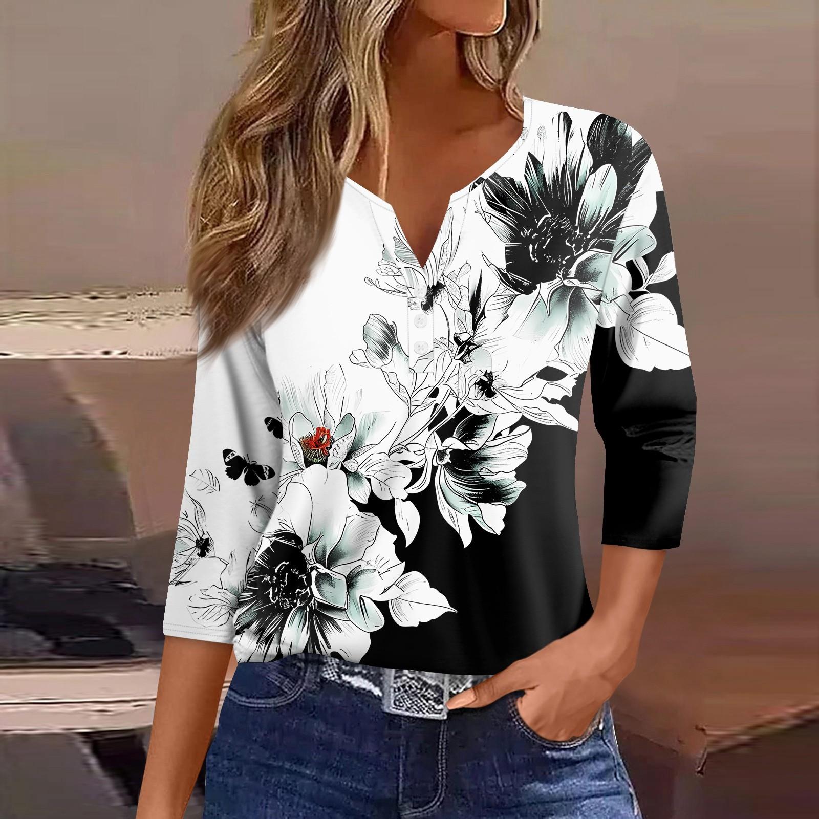 

Жен. Футболка С принтом Пуговицы Рукав 3/4 Повседневные Выходные Мода Классический Классический V-образный вырез Обычный Верх XXL белый