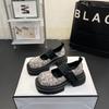 Fashion Women Casual Shoes Genuine Leather Mary Jane Single Shoes New Square Toe Soft Sole Versatile Velcro Shallow Mouth Single Shoes