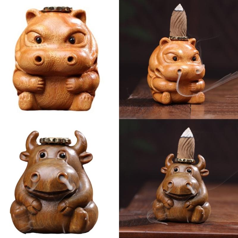 Handcraft Wood Backflow Incenses Burners Wood Carving Cow Hippo Ornament Censers Aromatherapy Diffuser for Home Decors