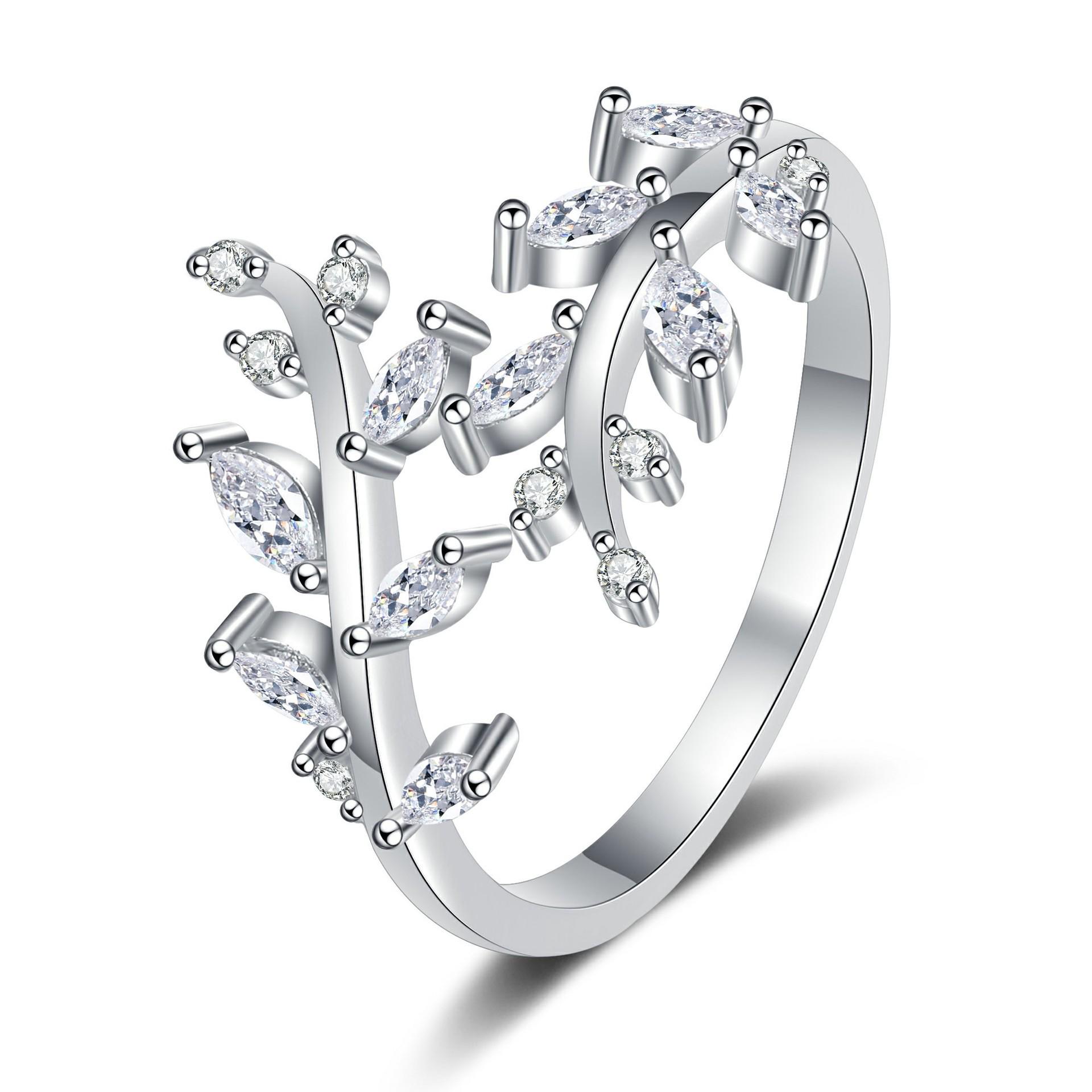 Simple Leaf Zircon Branch Ring - Women s European American Creative Open Index Finger Ring Adjustable Open