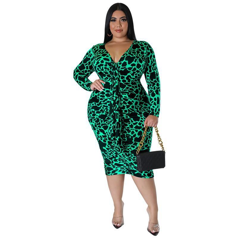 Plus Size Womens V-Neck Long Sleeve Midi Dress Leopard Print Milk Silk Stretch Fit 2025