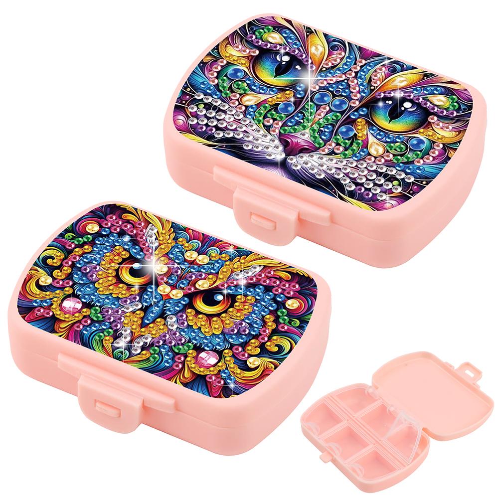 2Pcs DIY Animal Pattern Portable Crystal Pill Dispenser 6 Grid Diamond Painting Dot Pill Box Moisture-Proof for Adults Beginners