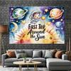 2D Watercolor Astronaut Planets Baby Boy 1st Birthday Photography Background