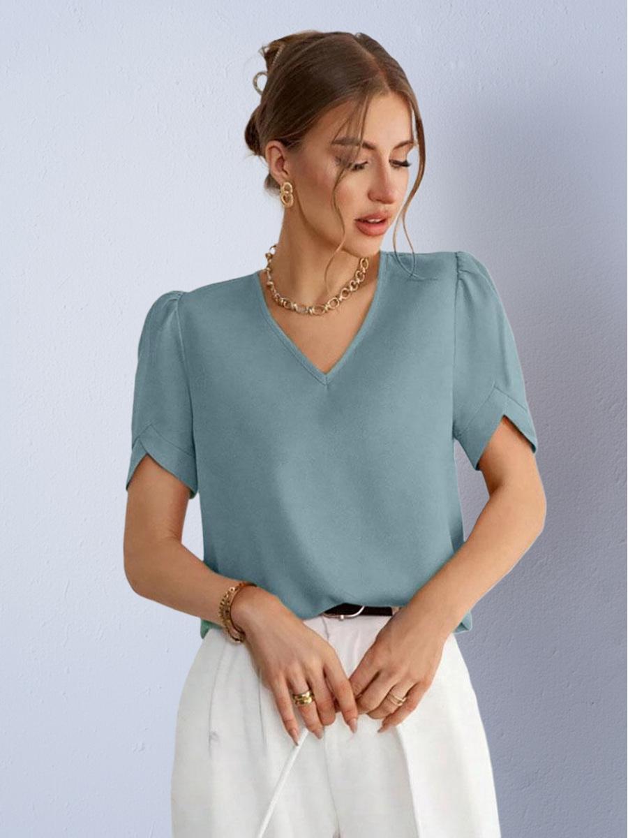 European & American Women s Satin V-Neck Puff Sleeve T-shirt - Autumn 2025 Collection L светло-зеленый