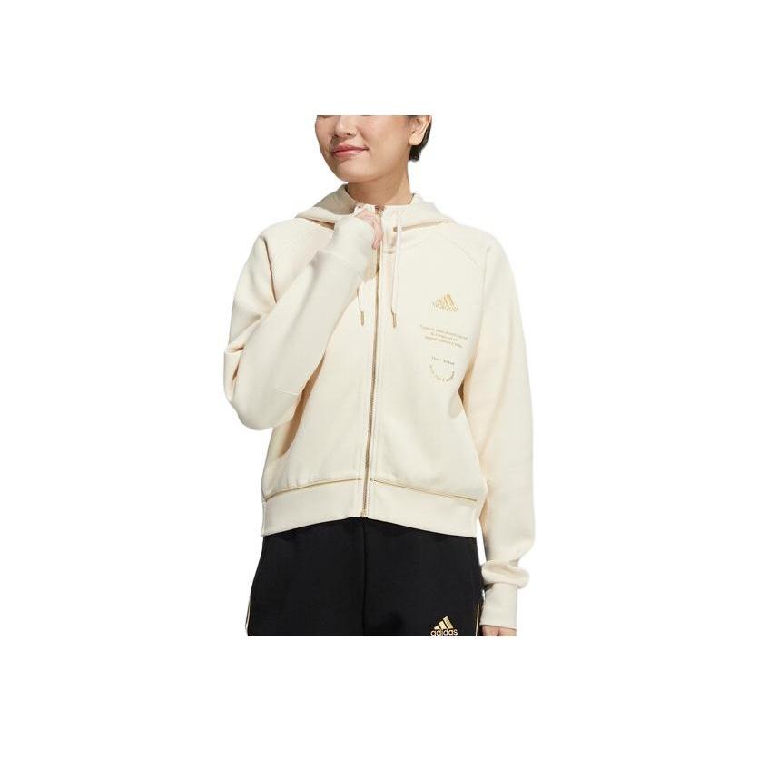 Adidas Logo Print Solid Color Zip-Up Hoodie Jacket Women Jackets Off-White HG1828