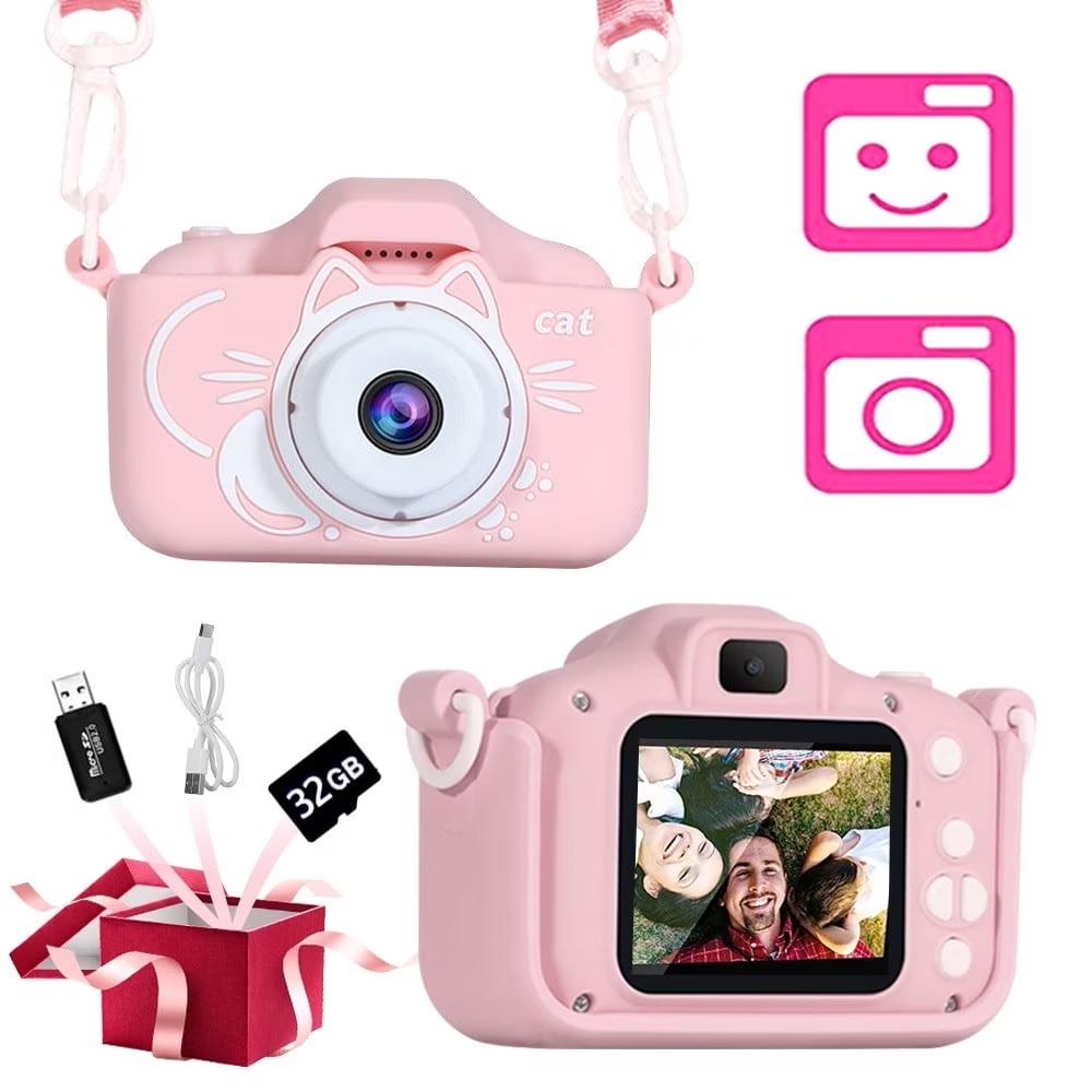Kids Selfie Camera Christmas Birthday Gifts Girls Age 3-9 20MP Digital Cat Kitty Cameras Toddler Portable Toy 3- 8 Year Old Girl 32GB SDCard