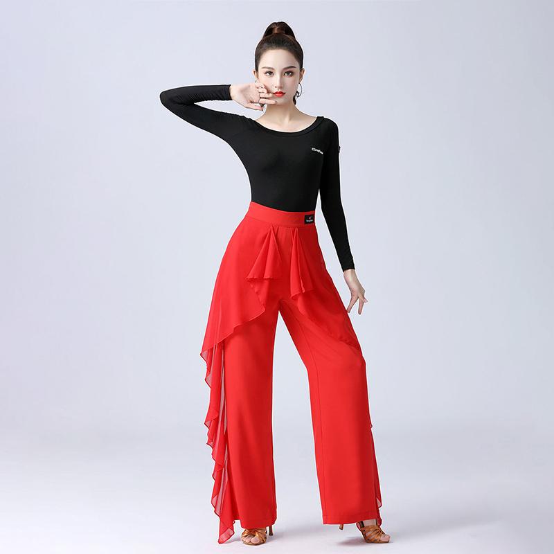 Latin Dance Pants Modern Dance Women High Waist Ruffle Wide Pants Ballroom Tango Samba Trousers Performance Practice Costume