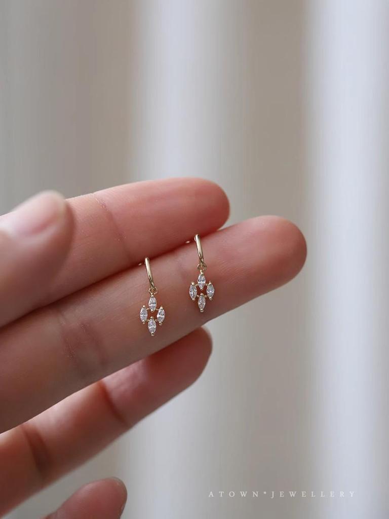 14k Gold-Plated Sterling Silver Diamond Rhombus Dangle Mini Earrings - Japanese Retro Court Style for Women.