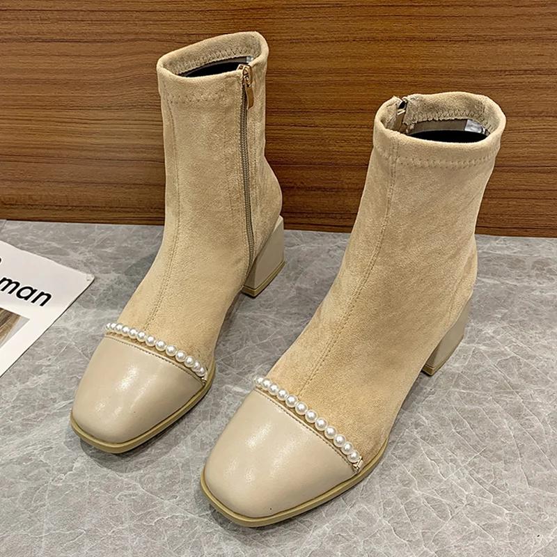 

Ботильоны женские из замши на среднем каблуке с бусинами, модная обувь, новый бренд 2025 года, зимние дизайнерские туфли-лодочки в готическом стиле в стиле челси Botas Mujer 40 абрикосовый