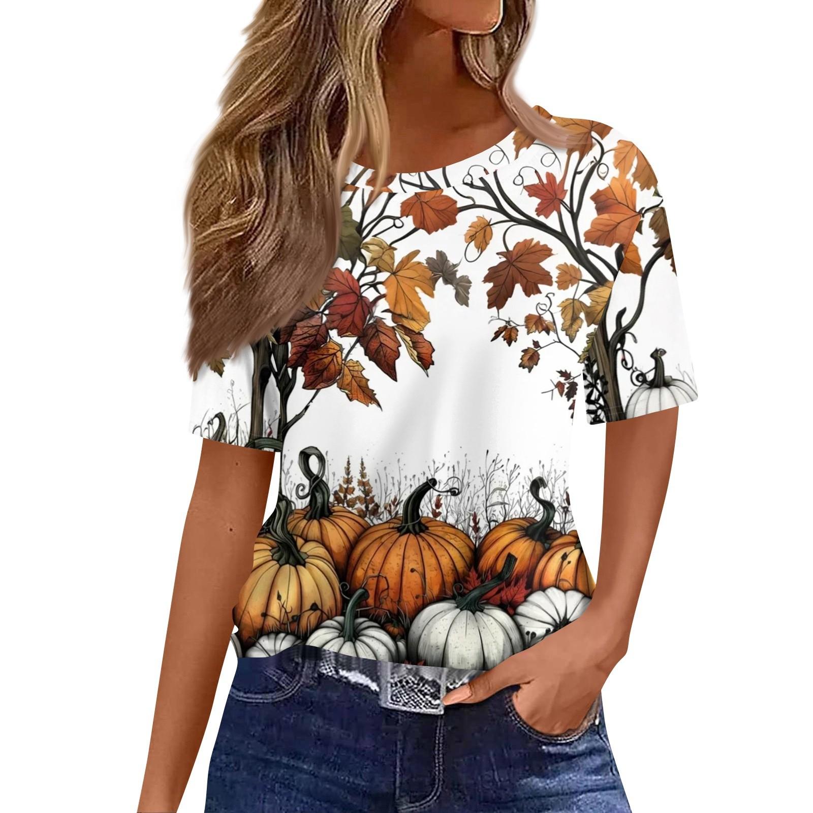 

Women s Fashionable Casual Short Sleeve Halloween Print Round Neck Pullover Top S білий