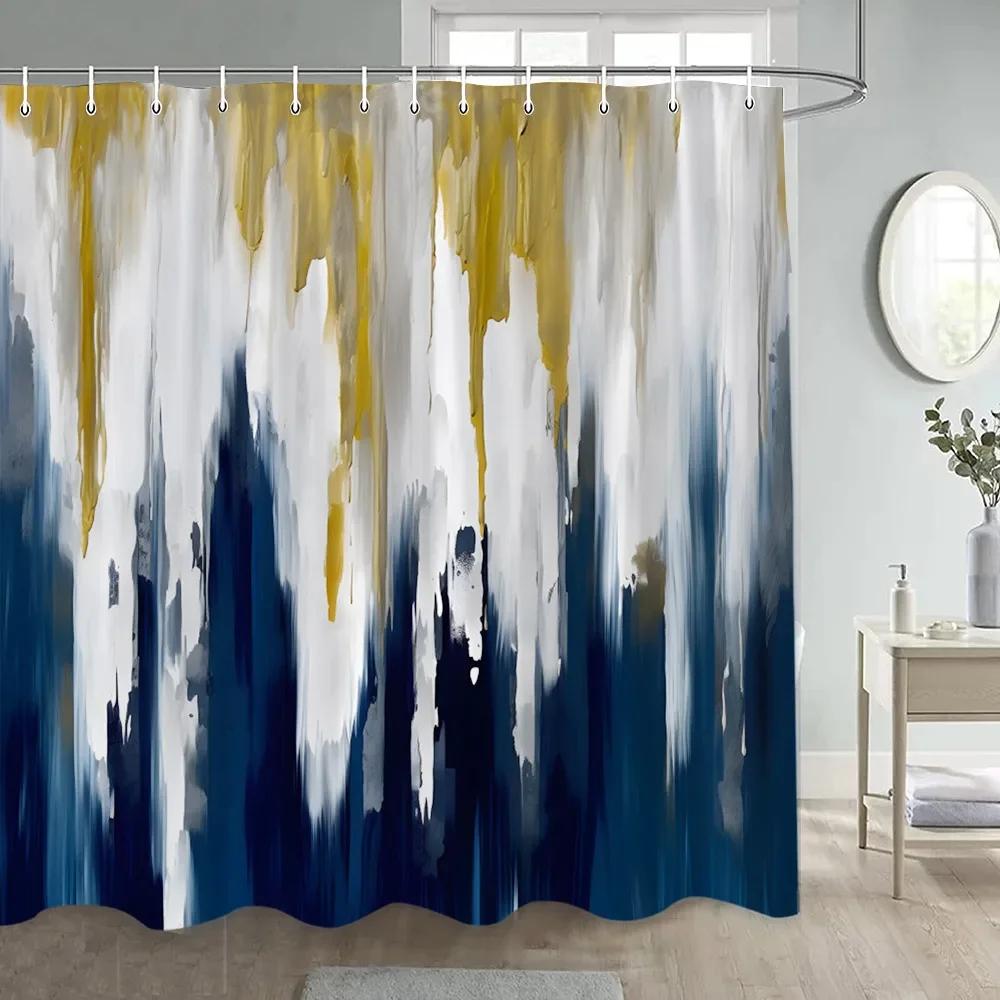 Abstract Grunge Style Shower Curtains White Blue Ombre Oil Painting Art Modern Polyester Fabric Bathroom Decoration With Hooks