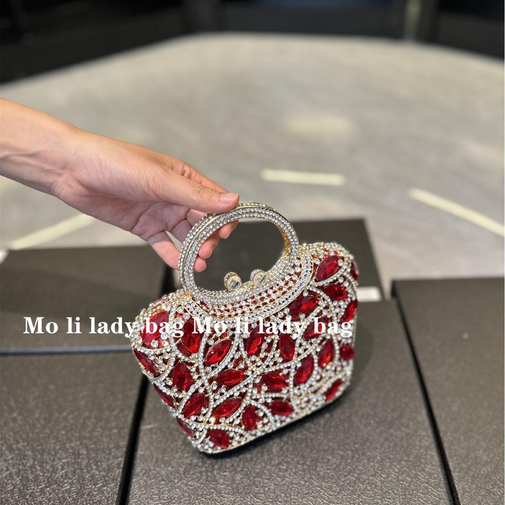 High-end party burgundy dress bag light luxury diamond-encrusted gold dinner bag women's exquisite messenger handbag
