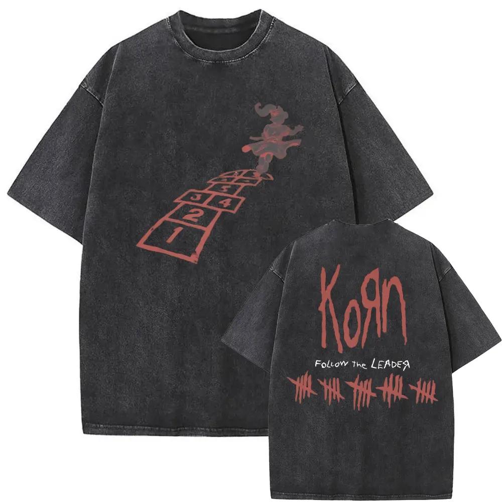 Washed Vintage Rock Band Korn Freak on A Leash Double Sided Print T Shirt Men Gothic Casual Oversized Tees Unisex Summer Tshirt