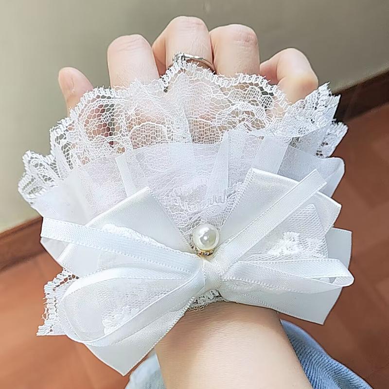 White Flower Lace Pearl Bow Fake Flared Sleeves Bracelet Sweet Girl Wristband Layer Detachable Cuff Cosplay Ornament