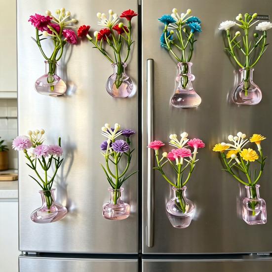 1/8/10Pcs Vertical Greenery Vase Magnetic Mini Clear Glass Propagation Vase with Faux Flowers Dorm Room Plant Decor