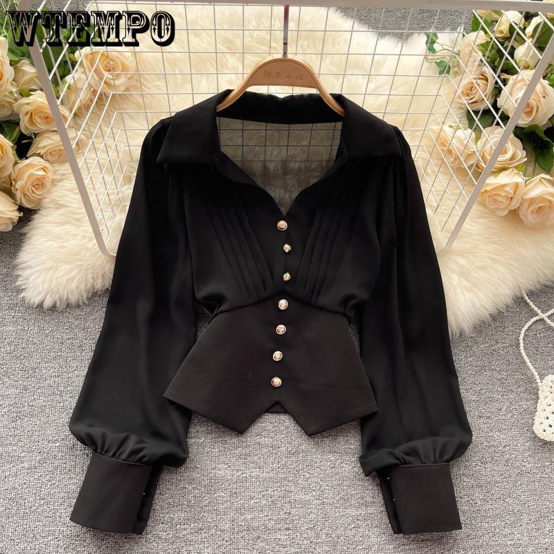 Jarní a podzimní dámská košile Design Sense Malá vráska Košile s výstřihem do V Dlouhý rukáv Košile s francouzským temperamentem Nepravidelný lem Elegantní košile s bublinkovým rukávem