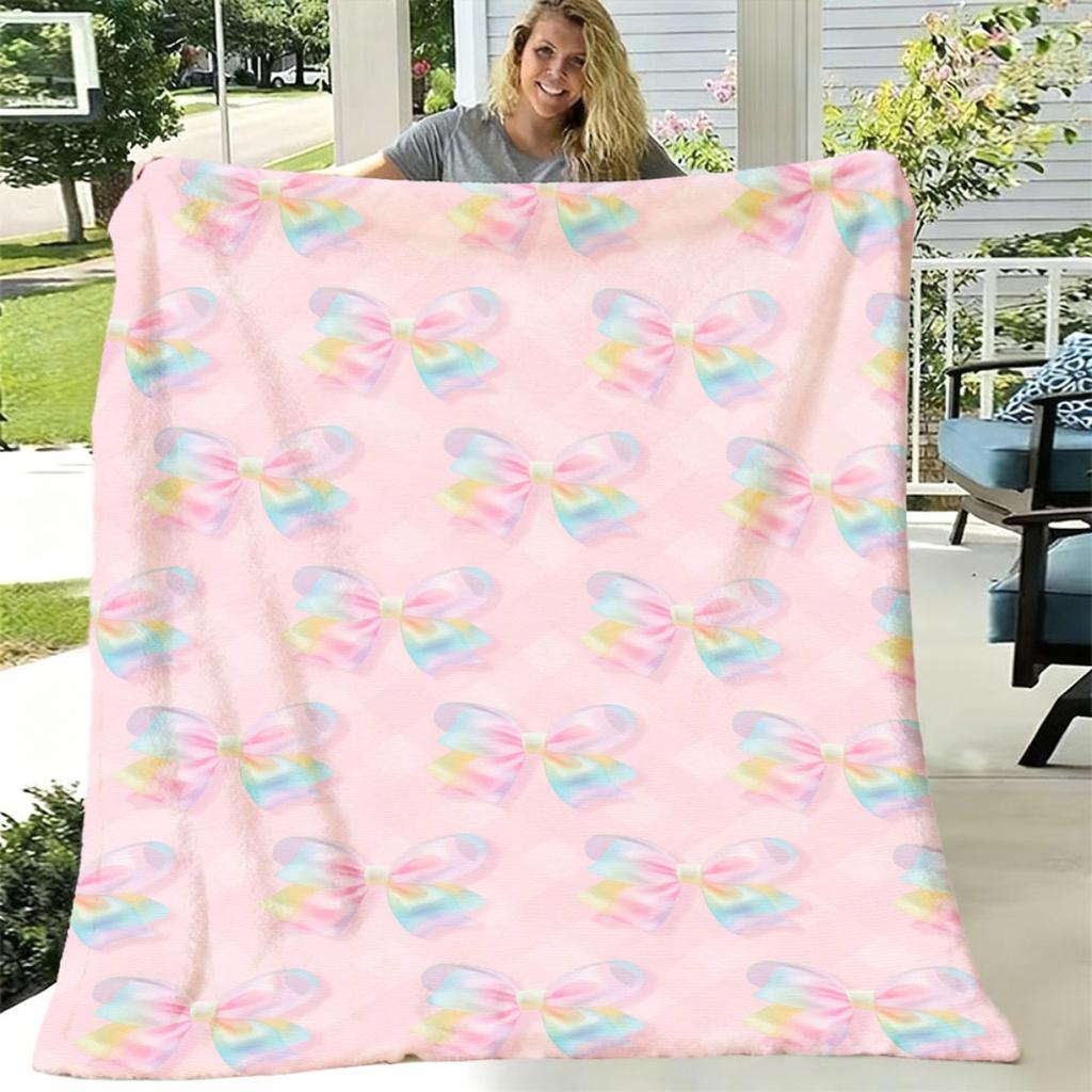 1pc Soft & Cozy Rainbow Bow Print Flannel Throw Blanket - Vibrant Pink with Multicolor Bows, Warm & Fluffy All-Season Blanket for Home, Office, Travel