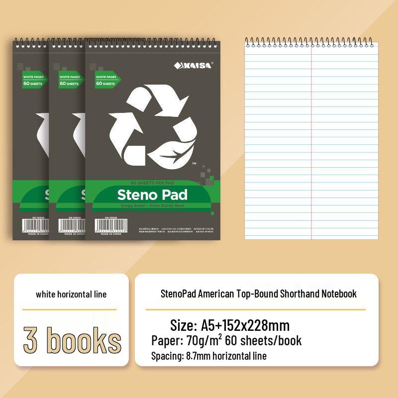 Kaisa Steno Pad: A5 Speed Writing Notebook with Green Inner Pages, 80 Sheets, Symmetrical Columns, Easy-Tear, Wide Line Spacing.