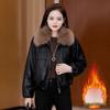 Women's Petite Loose Fit Leather Jacket Coat with Removable Large Fur Collar, Fleece-Lined, Short Style, Thickened, Winter 2025 New Arrival.