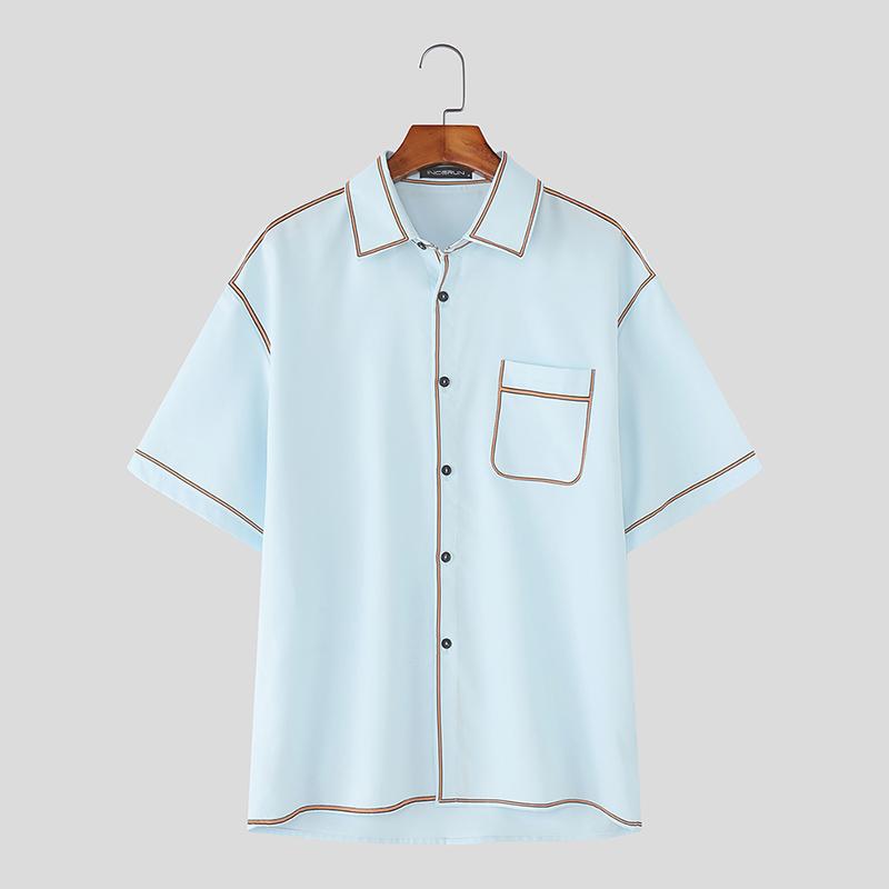 INCERUN Men Lapel Short Sleeve Stitching Buttons Casual Loose Shirts Tops