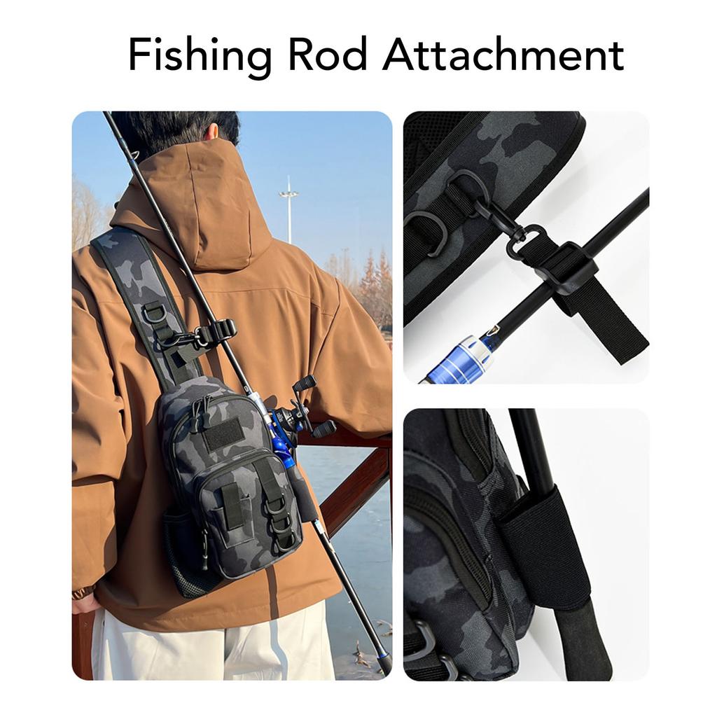Fishing Sling Pack Large Capacity Water Proof Oxford Cloth Fishing Chest Bag for Fishing Tackle Equipment Black Camo