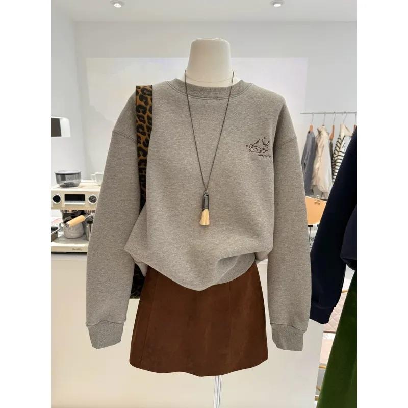 Sudadera de punto con cuello redondo, cálida, con felpa interior, engrosada, bordada con gatito de dibujos animados coreanos, doble cara AB, para mujer, Otoño Invierno
