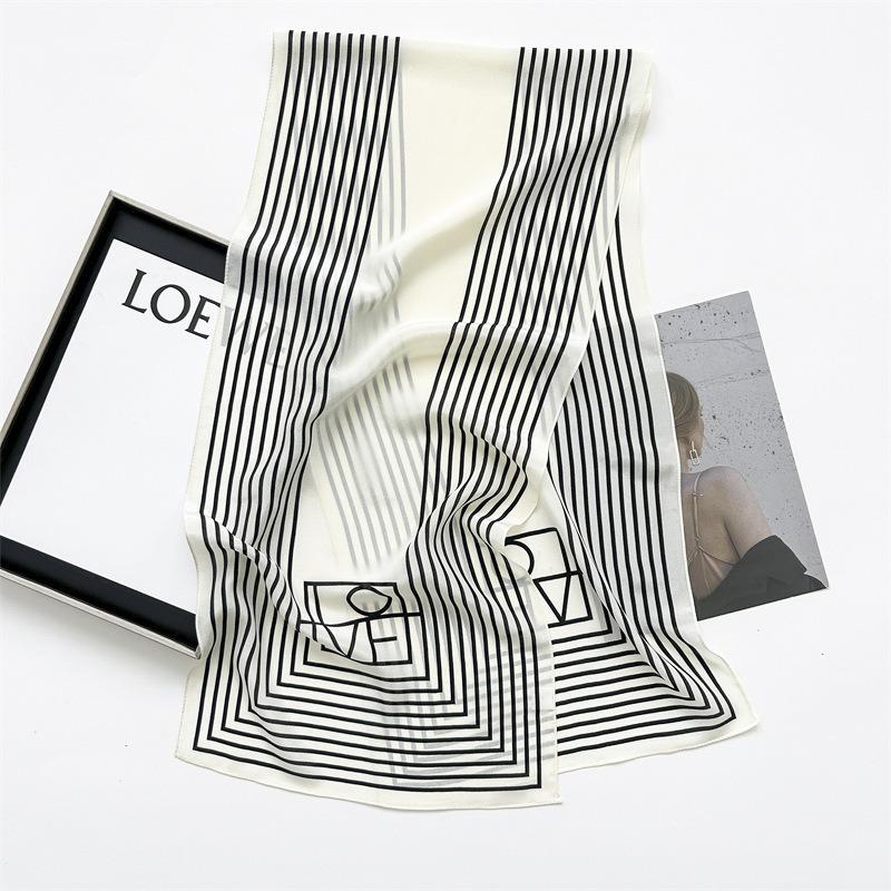 Black and white paper pattern mulberry silk silk scarf women's long strip simple and versatile silk small scarf spring and autumn thin silk scarf