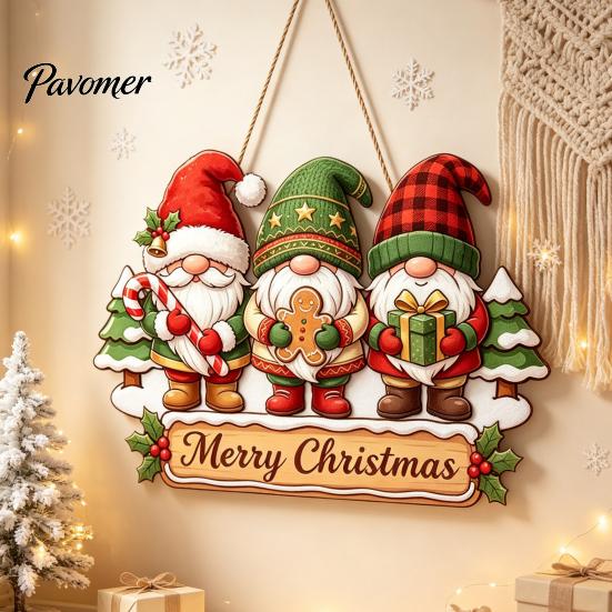 Decorative Christmas Gnome Craft Wooden Hanging Pendant, Cartoon Ornament, Merry Rustic Holiday Wall Decor Door Sign for Home Shop Party Decoration