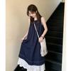  Trendy New Splicing Vest Dress Temperament Loose Summer Design Sleeveless Long Skirt Hem Lace Skirt