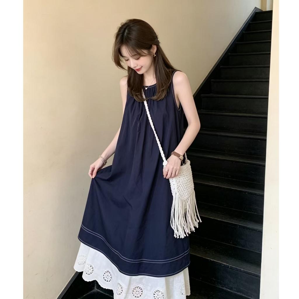  Trendy New Splicing Vest Dress Temperament Loose Summer Design Sleeveless Long Skirt Hem Lace Skirt