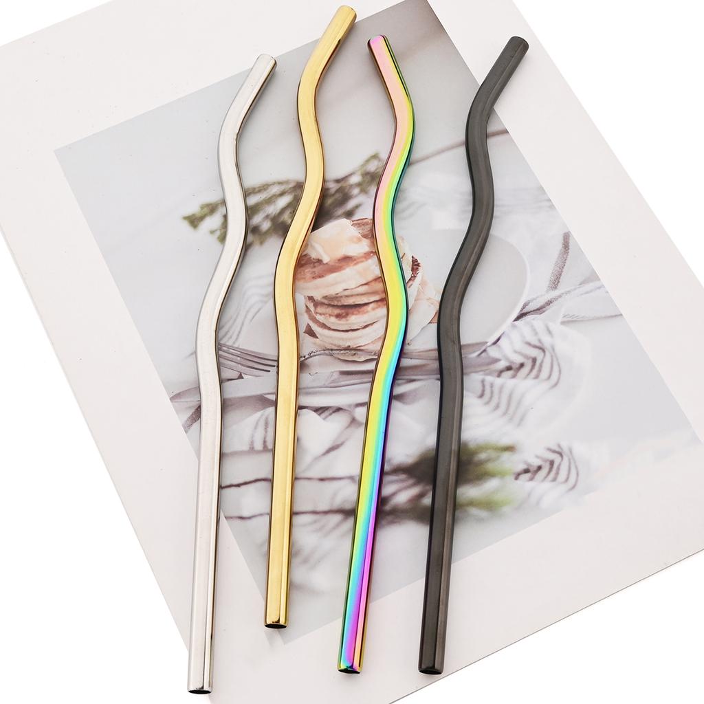 2pcs Wavy Stainless Steel Straight Straw Set Fruit Juice Milkshake Cocktail Bubble Tea Drinking Straw Kitchen Bar Accessories
