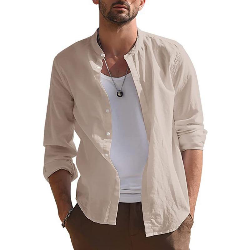 Mens Retro Casual Loose Long Sleeve Stand Collar Solid Shirt