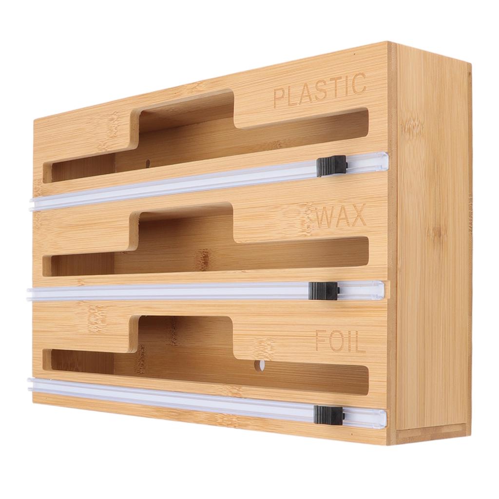 Plastic Wrap Dispenser with Slide Cutter 3 in 1 Bamboo Foil and Wax Paper Storage Box for Home Kitchen Drawer