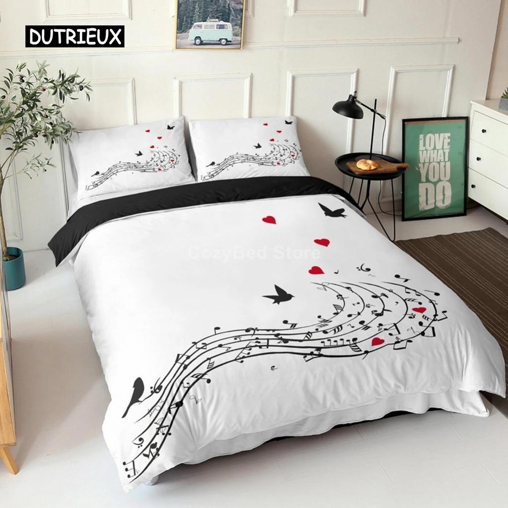 Muzyka Czarny Biały Zestawy Poszewek na Kołdrę Kołdra Łóżko Queen King Rozmiar Instrument Muzyczny Fortepian Zestaw Pościeli Nastolatek Dorosły Dekoracja Sypialni