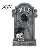 Vintage Style Horror Statue Halloween Skull Tombstone, Stone Look Retro Gothic Resin Creepy Distressed Gray Effect Figurine Crow Gravestone