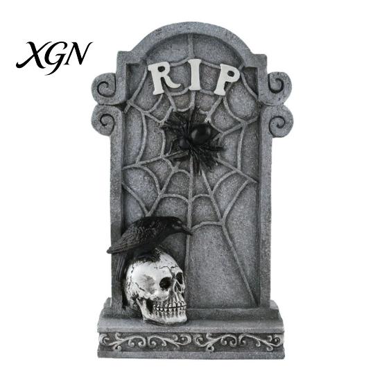Vintage Style Horror Statue Halloween Skull Tombstone, Stone Look Retro Gothic Resin Creepy Distressed Gray Effect Figurine Crow Gravestone
