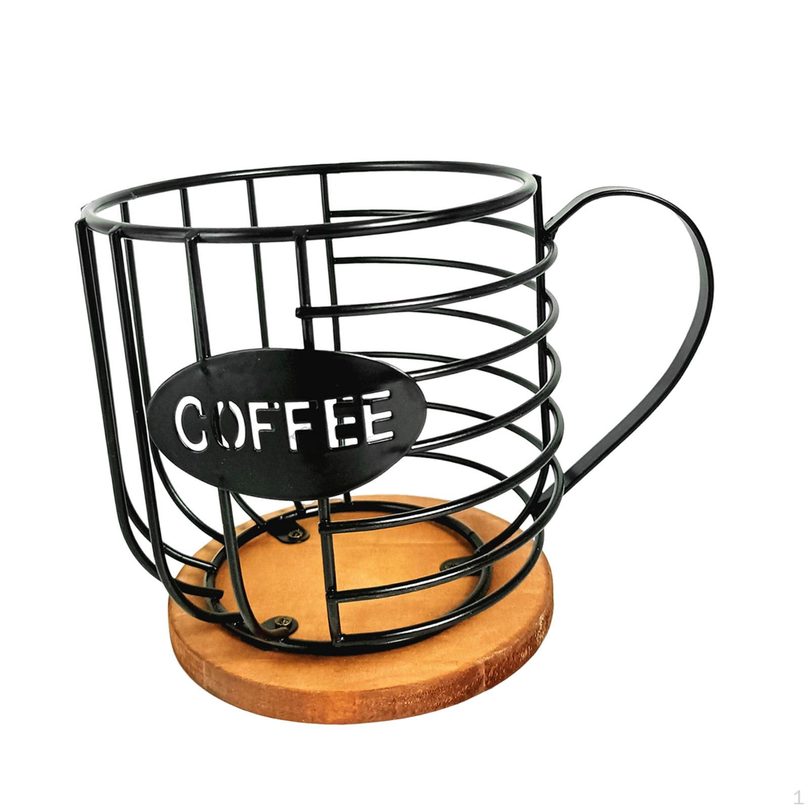 

Coffee Pod Holder Basket Wire Storage Iron Wooden Base Organizer for Kitchen