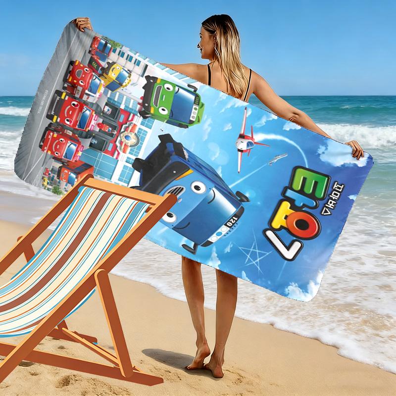 Serviette de Plage Imprimée Tayo le Petit Bus, Grande Serviette Douce à Séchage Rapide pour Plage Camping Natation